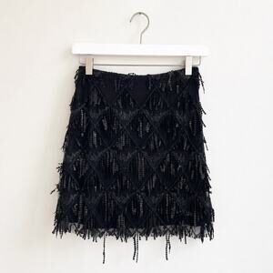 Showpo Khrizza Sequin Diamond Mesh Mini Skirt Black Fringe Size 4 NWT